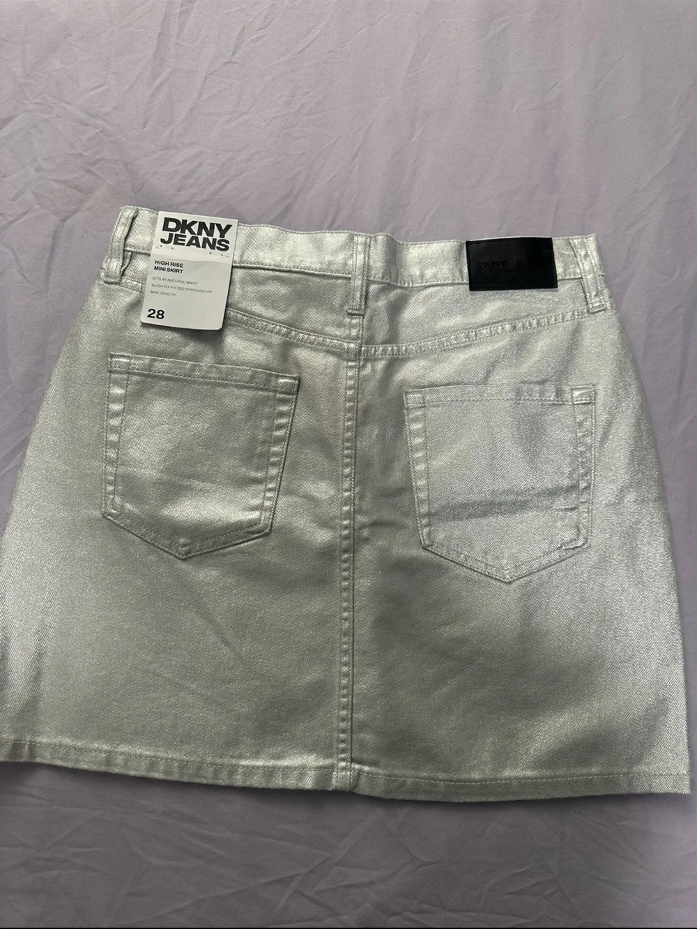 NWT DKNY Jeans Metallic Silver High Rise Mini Skirt Foil Denim Y2K